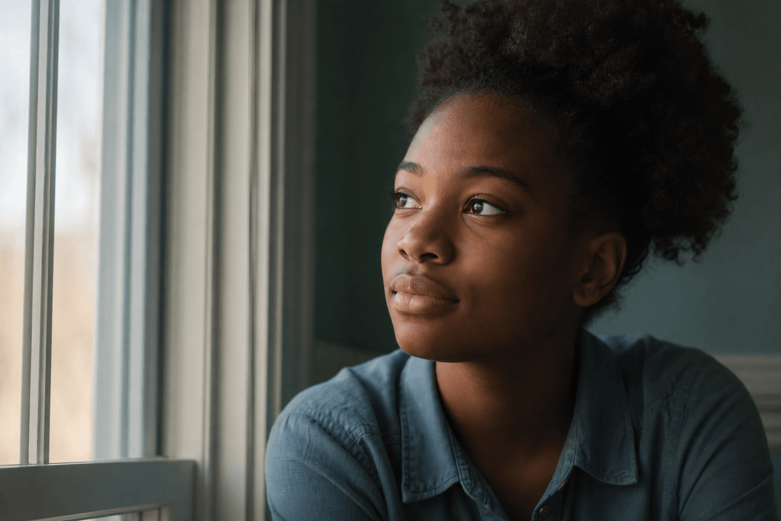 A teenager looking thoughtfully through a window
