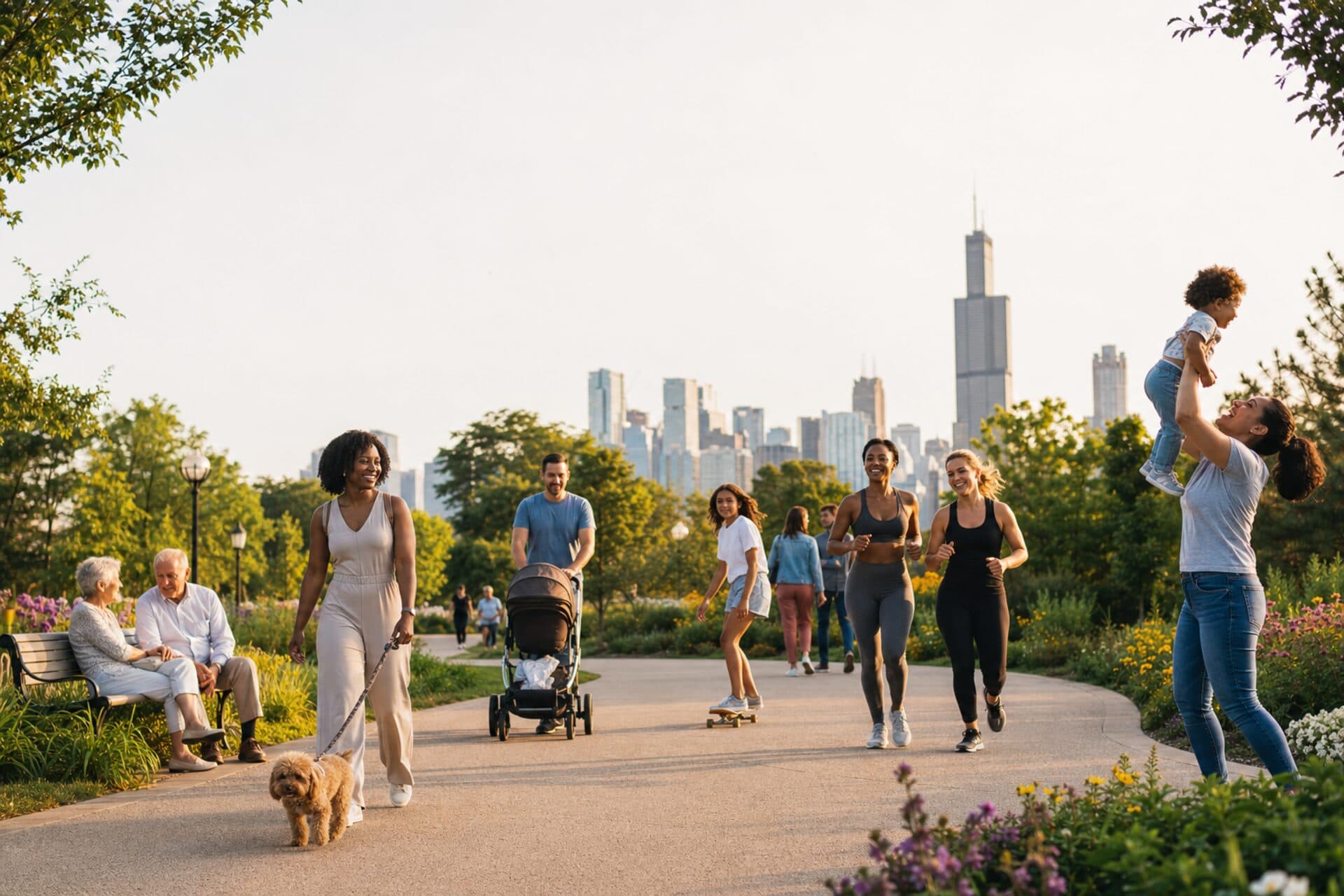 Neighbors of all ages together in a sunlit city park