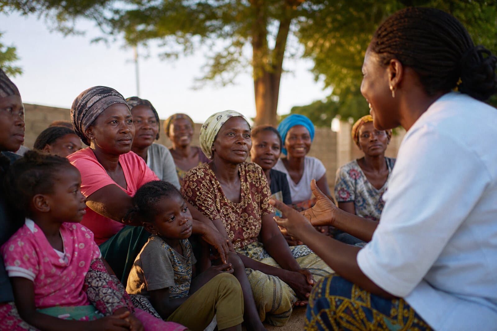 Women and children gathered for a community health discussion in Africa
