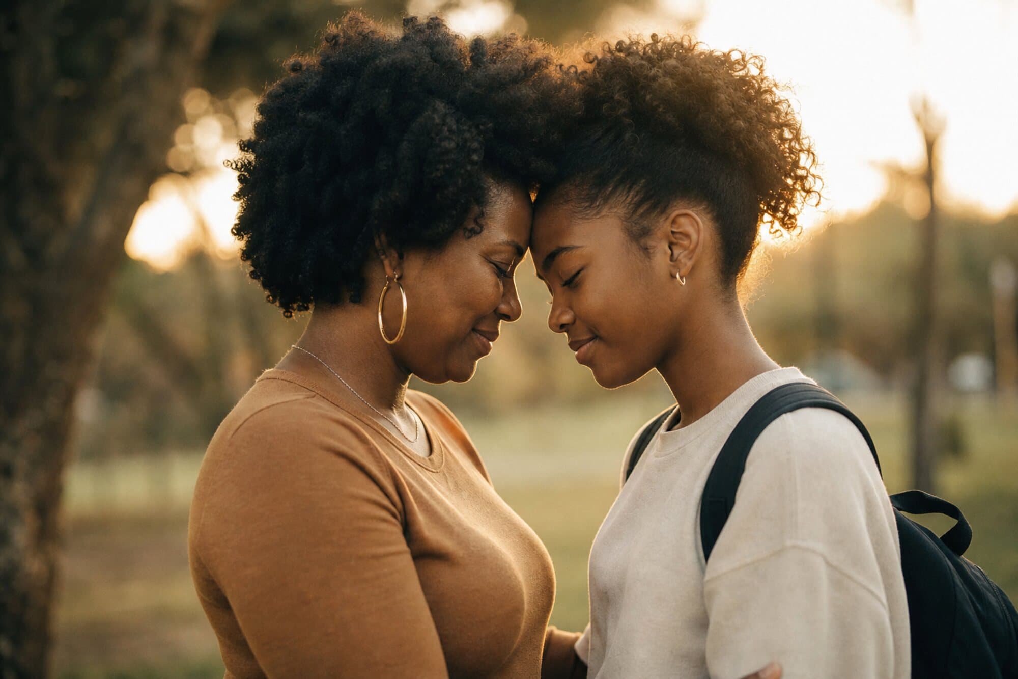 A mother and her daughter sharing a close moment outdoors