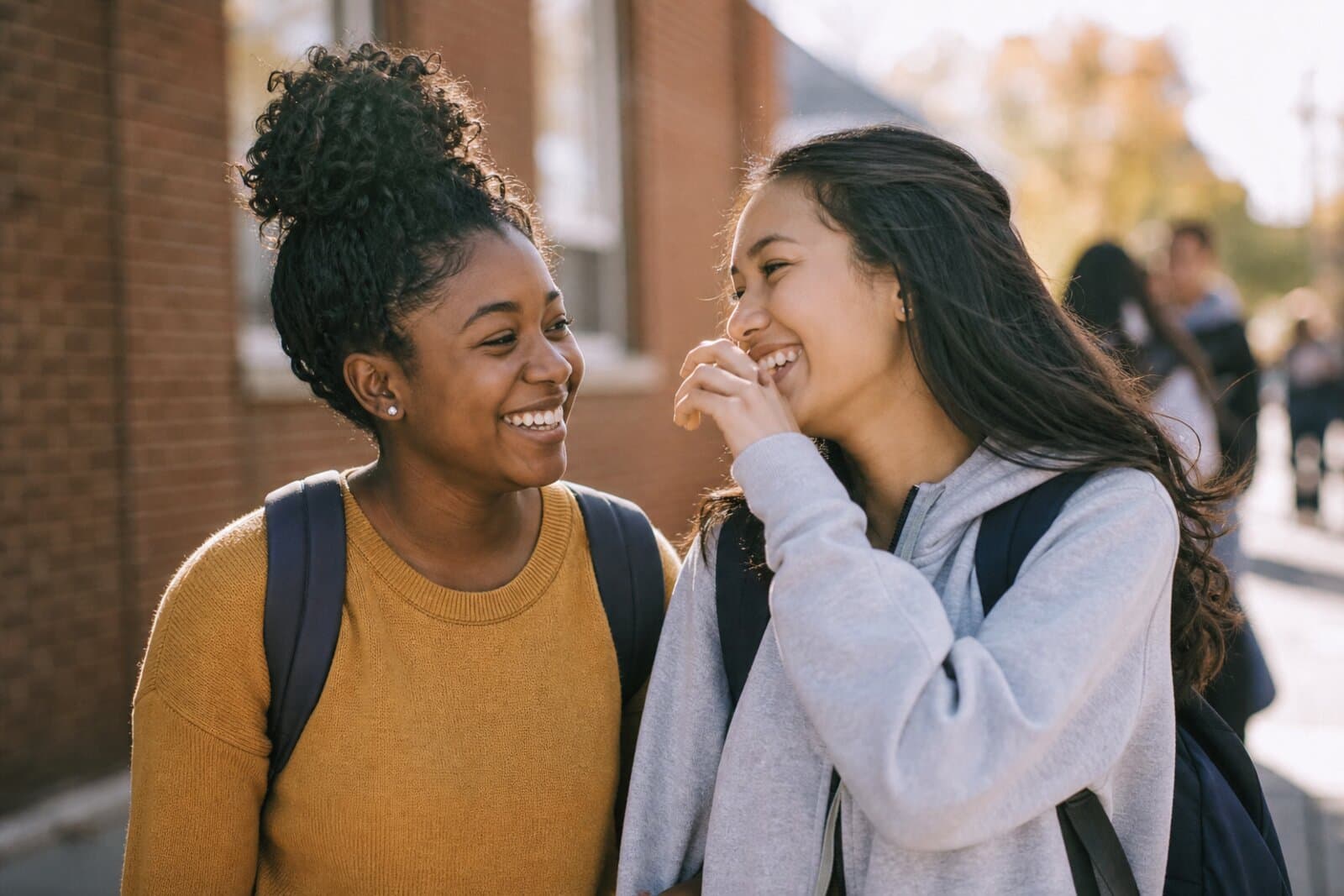 Teenage girls smiling together outdoors